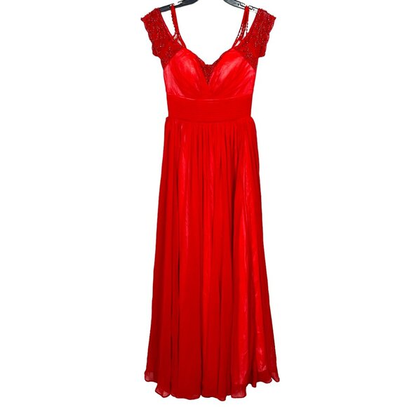 Elliot Claire London Gown Dress Small Red Chiffon Beaded Full Evening Formal